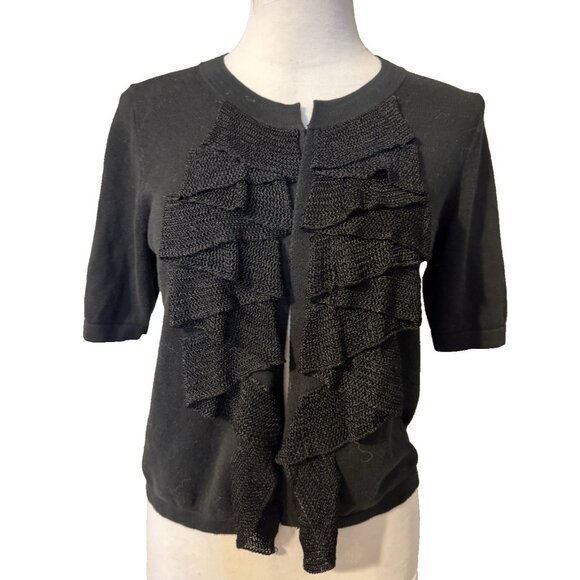 Banana Republic Womens Cardigan Sweater Tiered Black Short Sleeve M Medium Pleat - Picture 1 of 10
